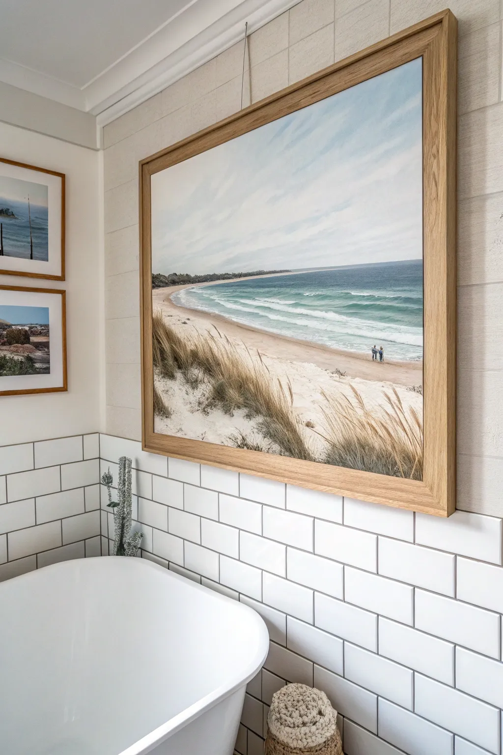 Soft coastal seascape above the tub adds airy calm with Scandinavian minimal style and boho warmth