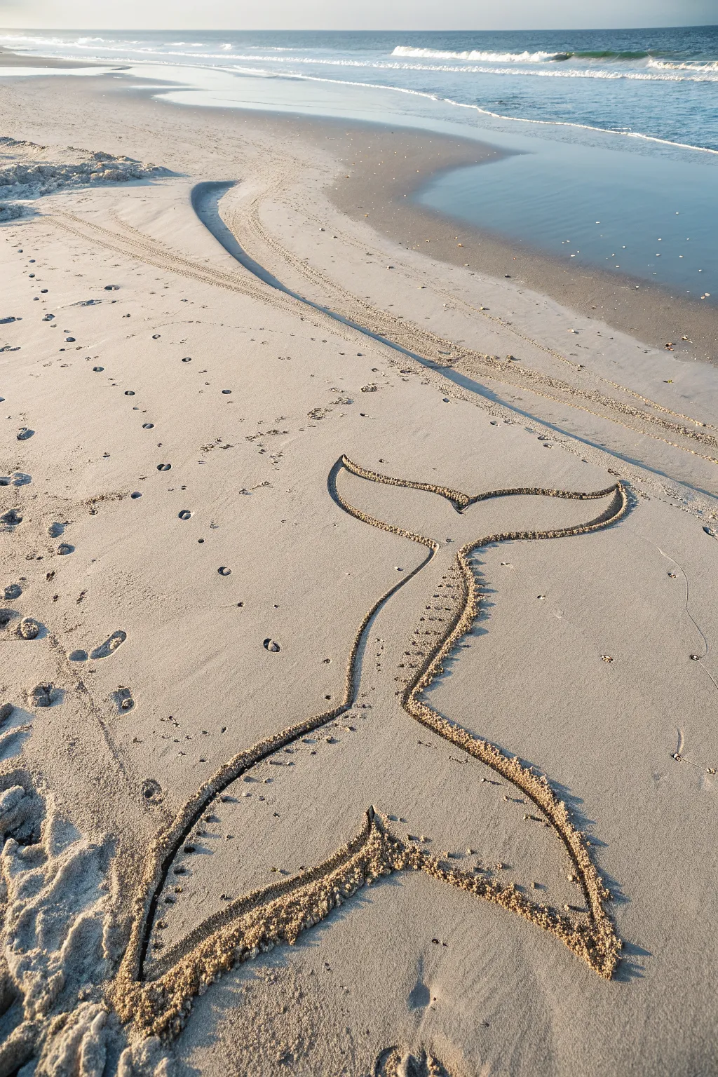 Minimal whale tail splash carved in beach sand, simple boho vibe and satisfying contrast