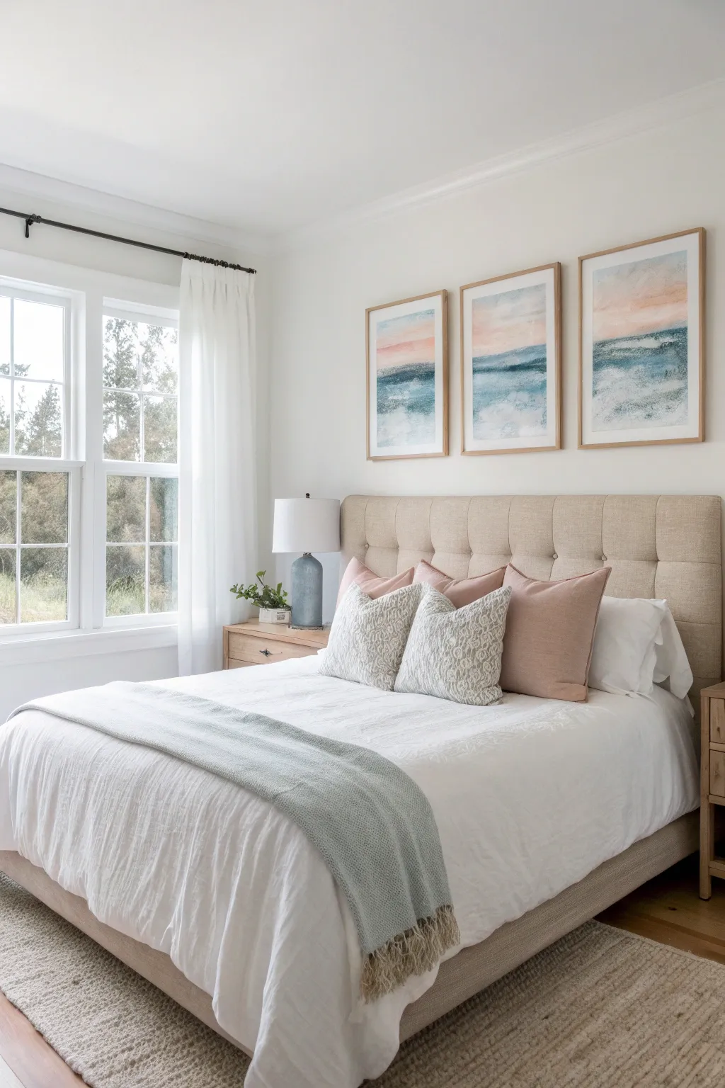 Calm watercolor wash triptych above the headboard for a bright, peaceful minimalist bedroom.