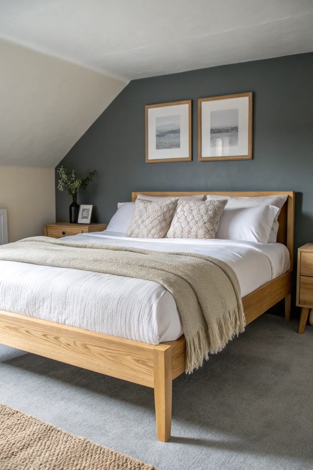 Charcoal gray walls meet airy linen for a modern quiet luxury bedroom palette, softly lit.