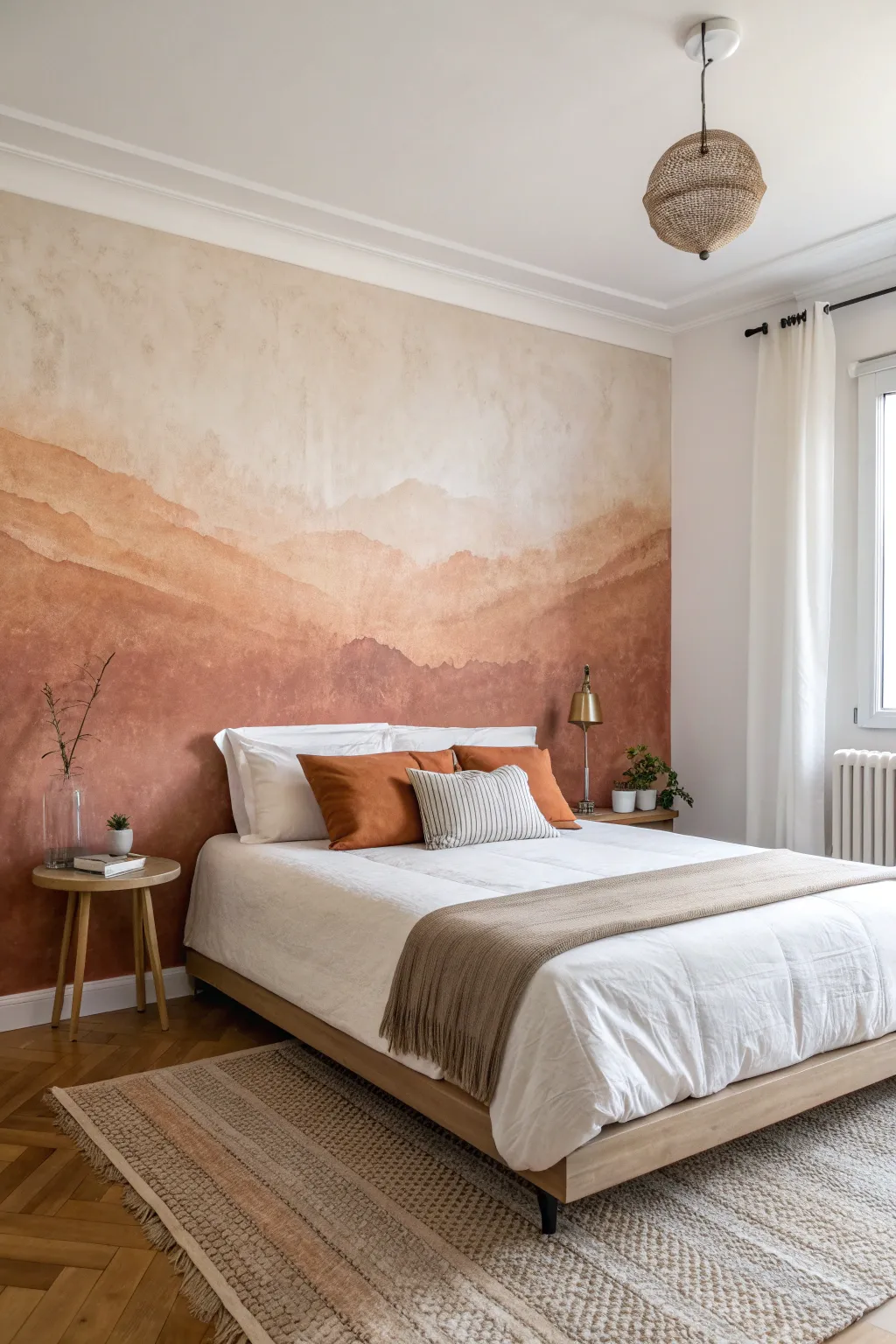 Abstract ombre mural that grounds the bedroom with a deep-to-airy gradient calm