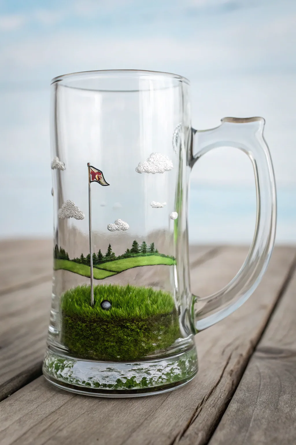 A clear beer mug with a tiny golf green painted low, letting the glass above become sky.