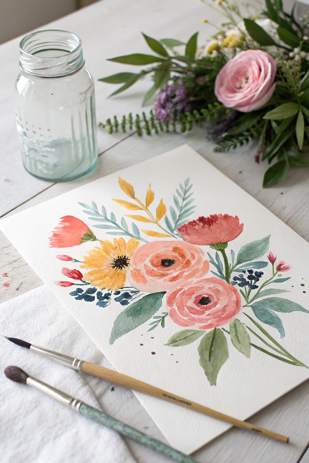 Loose floral bouquet in a jar, painted with simple acrylic blobs and leafy marks for beginners