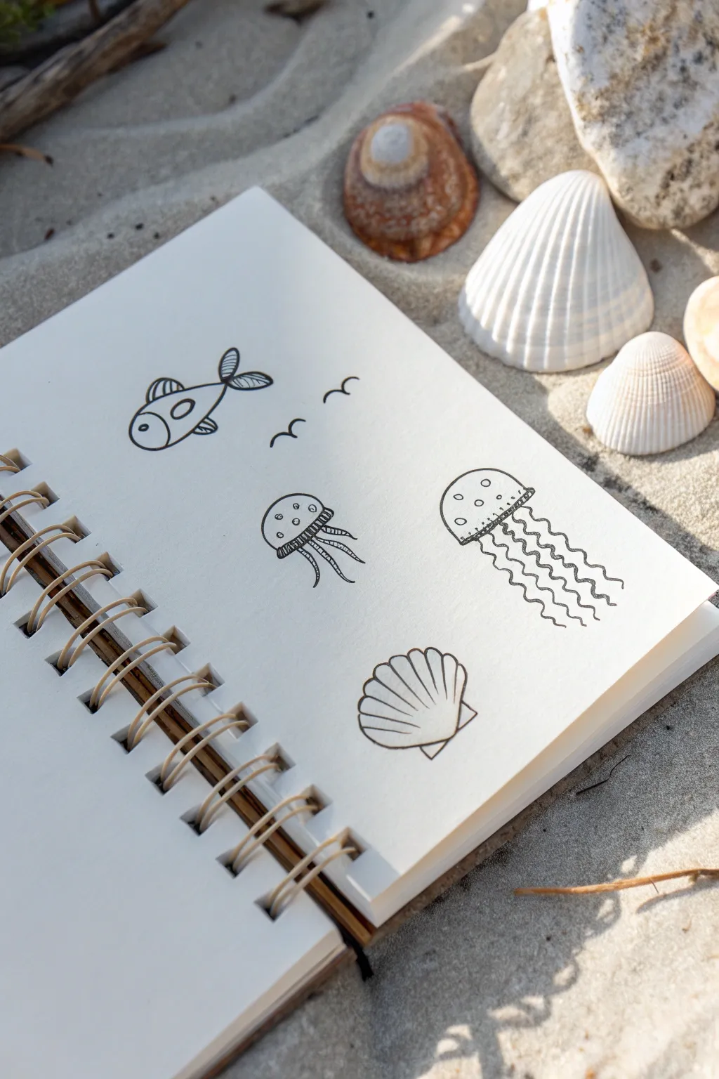 Easy sea creature doodles in minimalist ink, perfect beginner drawing practice with clean contrast
