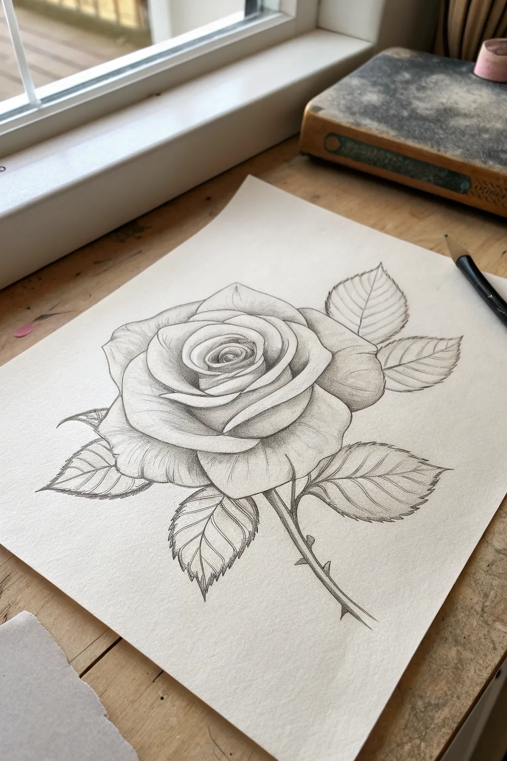 Beginner charcoal rose study with soft gradients and a few crisp dark folds for contrast