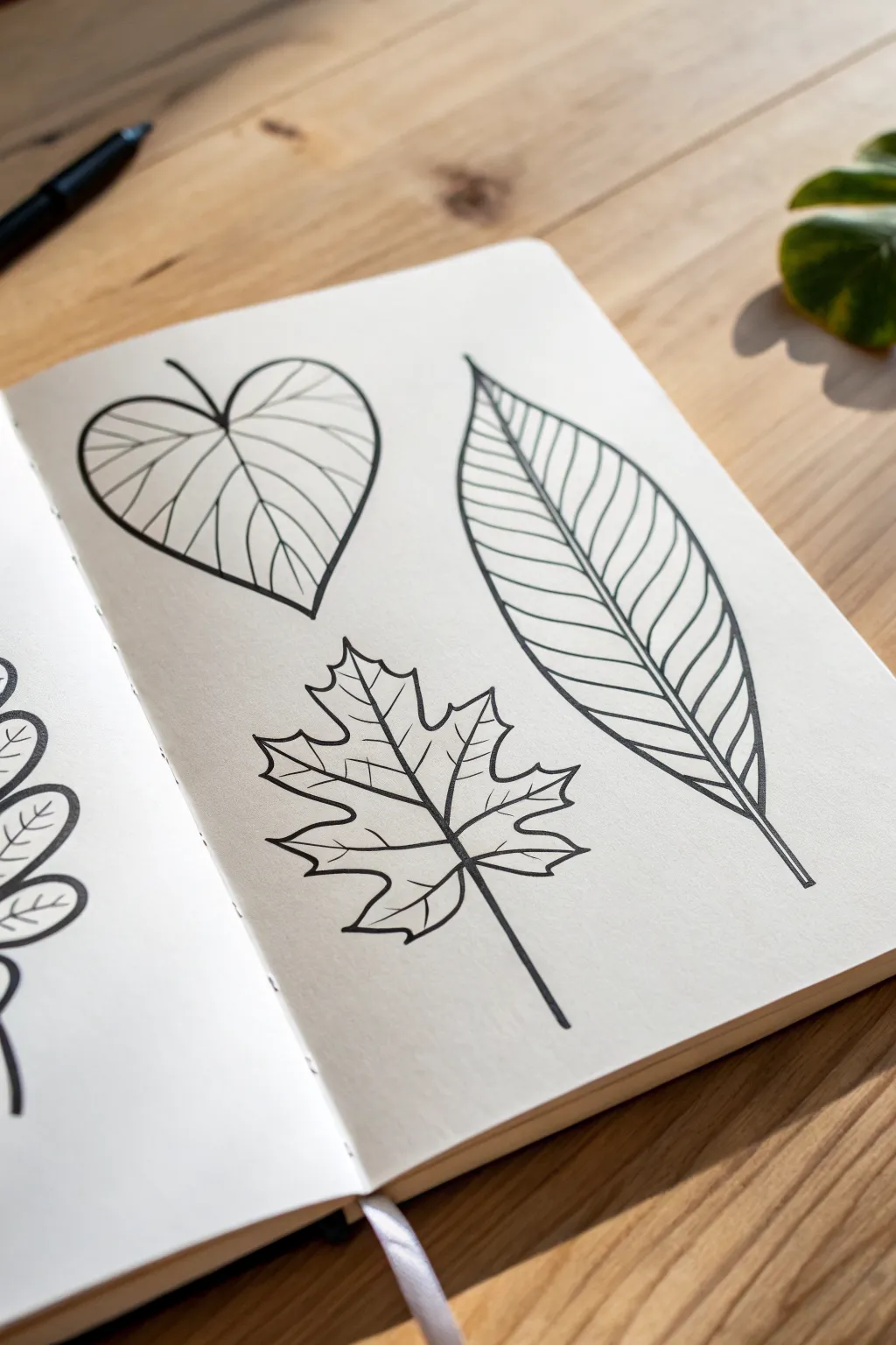 Three beginner leaf shapes to practice smooth line control in a calm Scandinavian sketch style