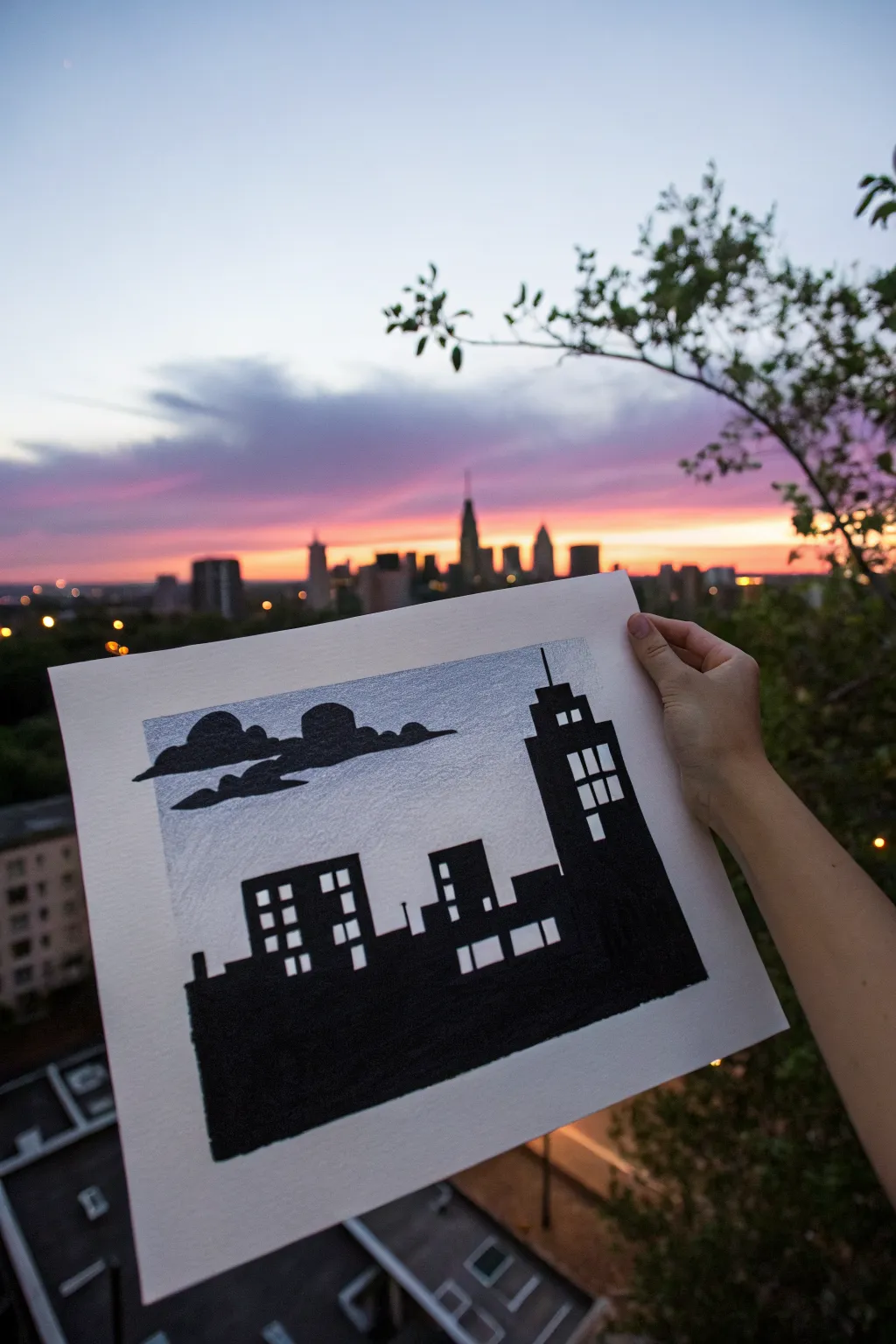 Simple night skyline silhouette in oil pastels, a calm beginner-friendly drawing idea