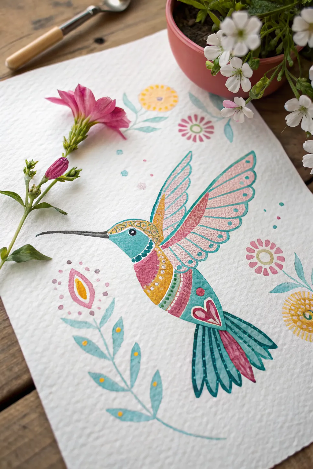 Paint a simple dotted hummingbird in bright Mexican colors for an easy beginner project.