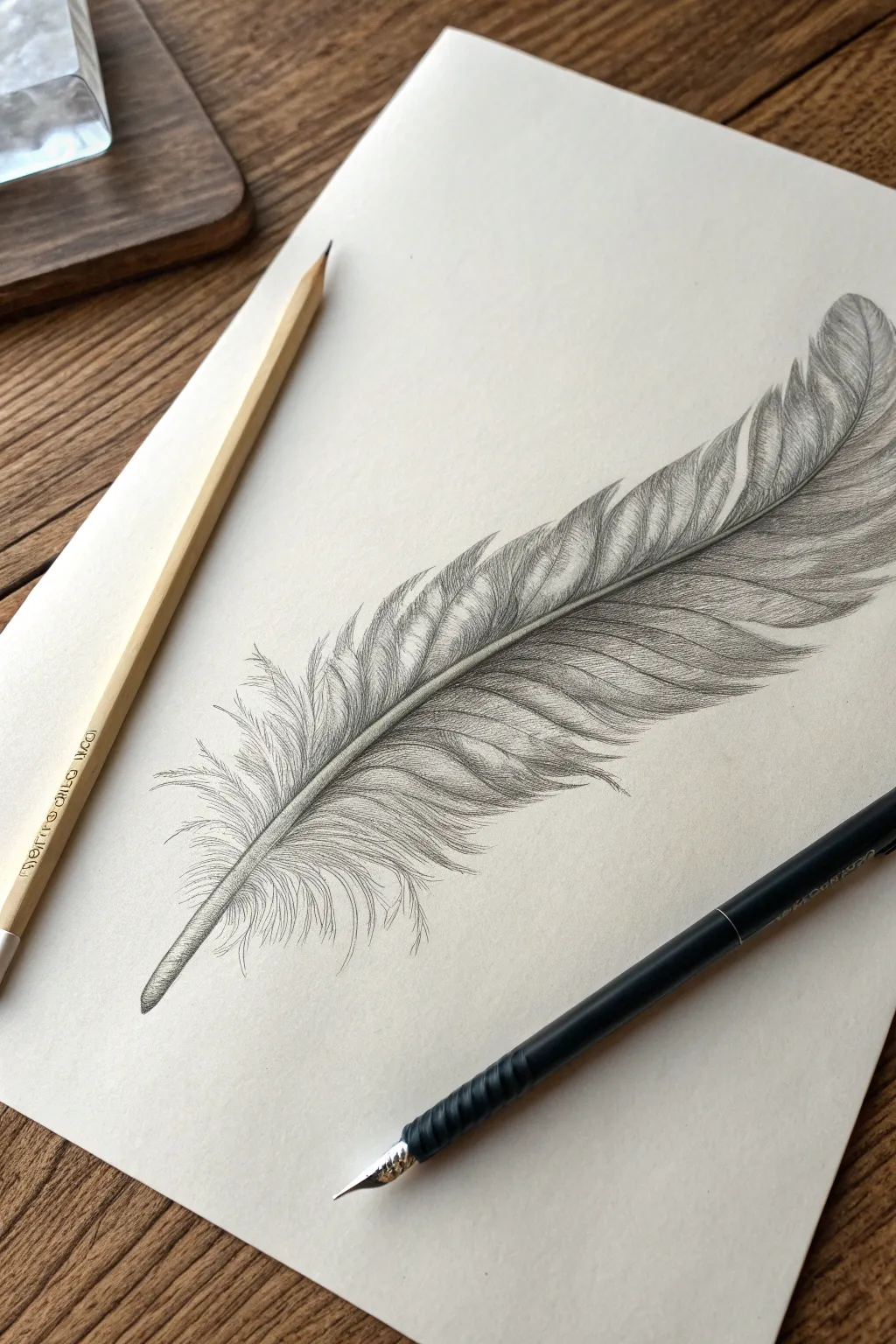 Practice soft texture with a single feather sketch using light flicks for airy edges.