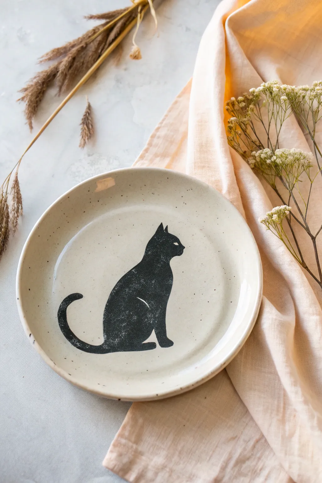 Beginner-friendly plate art: crisp cat silhouette on a soft watercolor wash, minimalist charm.