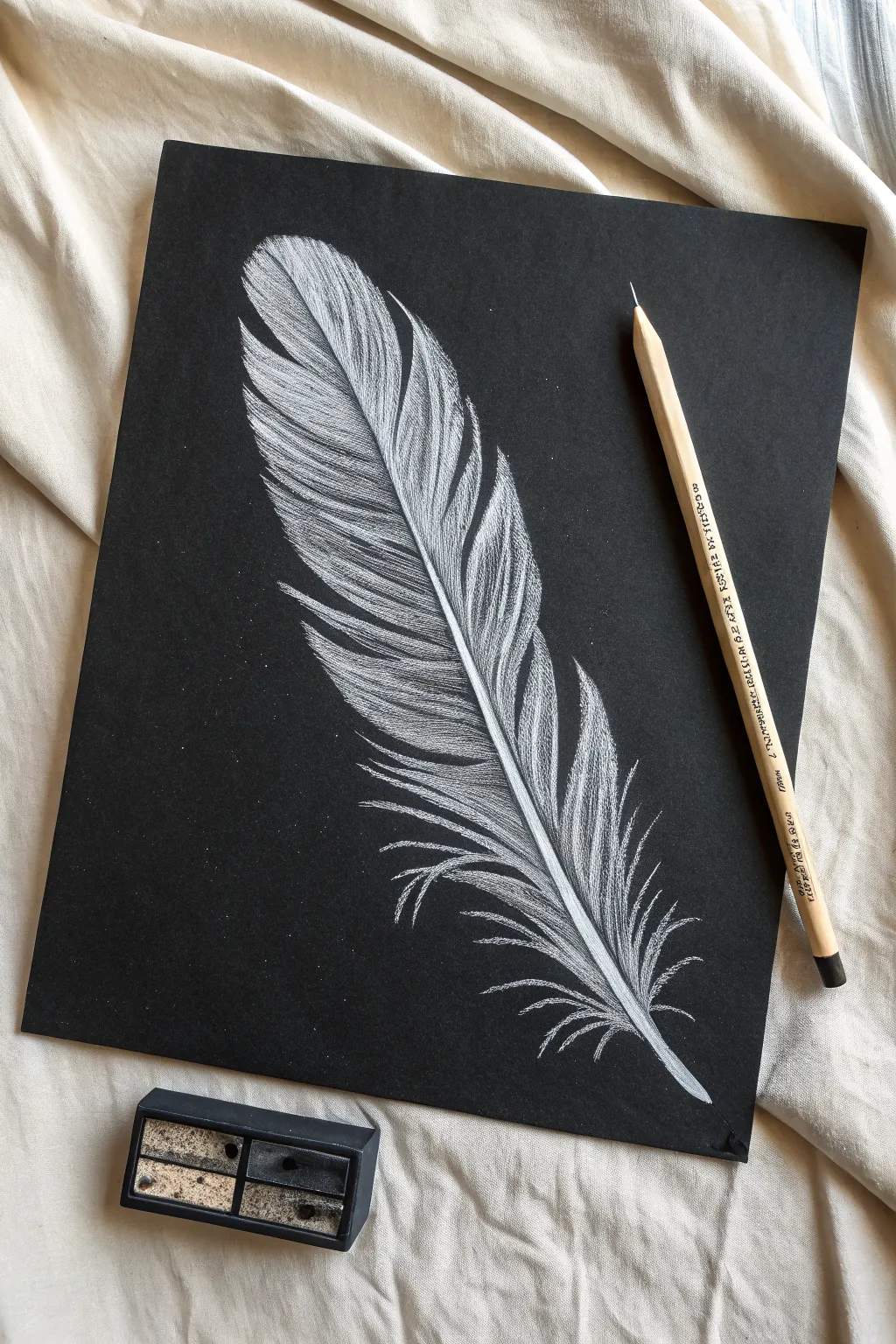 Easy scratchboard feather: long curved strokes with a tiny hatching swatch for shading practice.