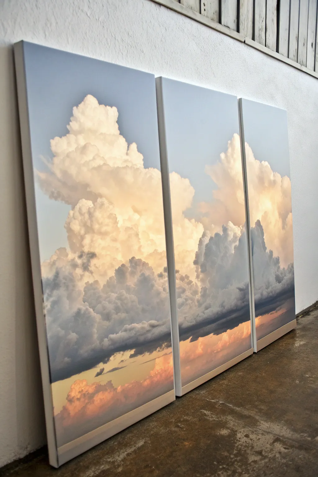 Easy triptych cloudscape: soft blended clouds with a bright center for beginner painters