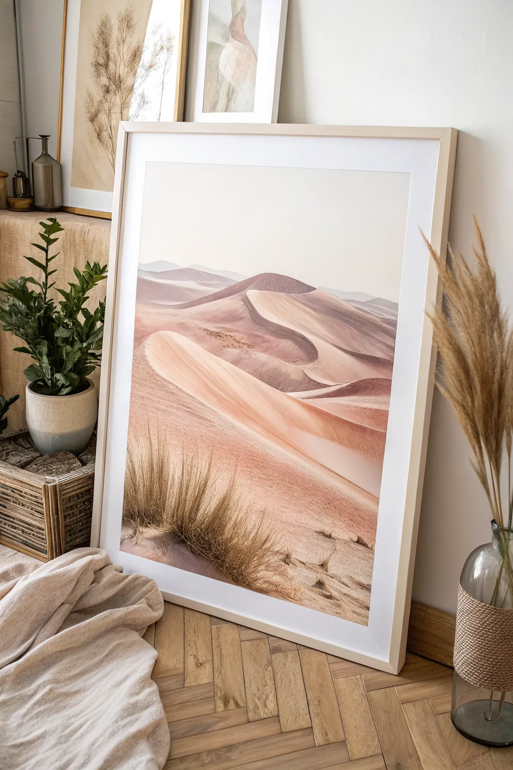 Sand dune beige wave forms in soft tonal layers, minimalist and calm with subtle depth and contrast
