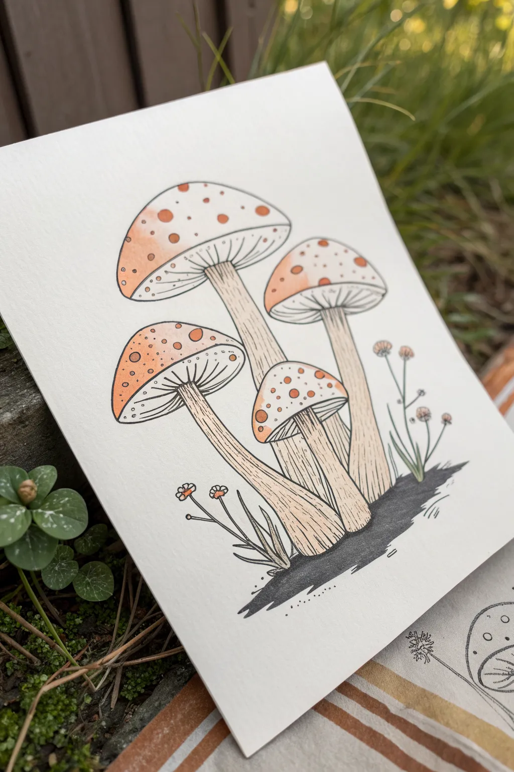 Giant mushroom cluster drawing idea with simple shapes, earthy tones, and bold contrast