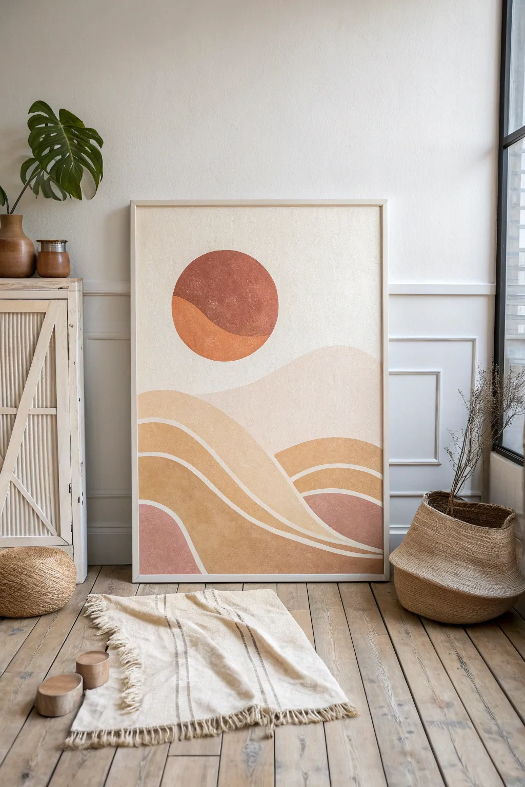 Easy big canvas idea: minimal desert sun disk and sweeping dunes in warm neutral tones