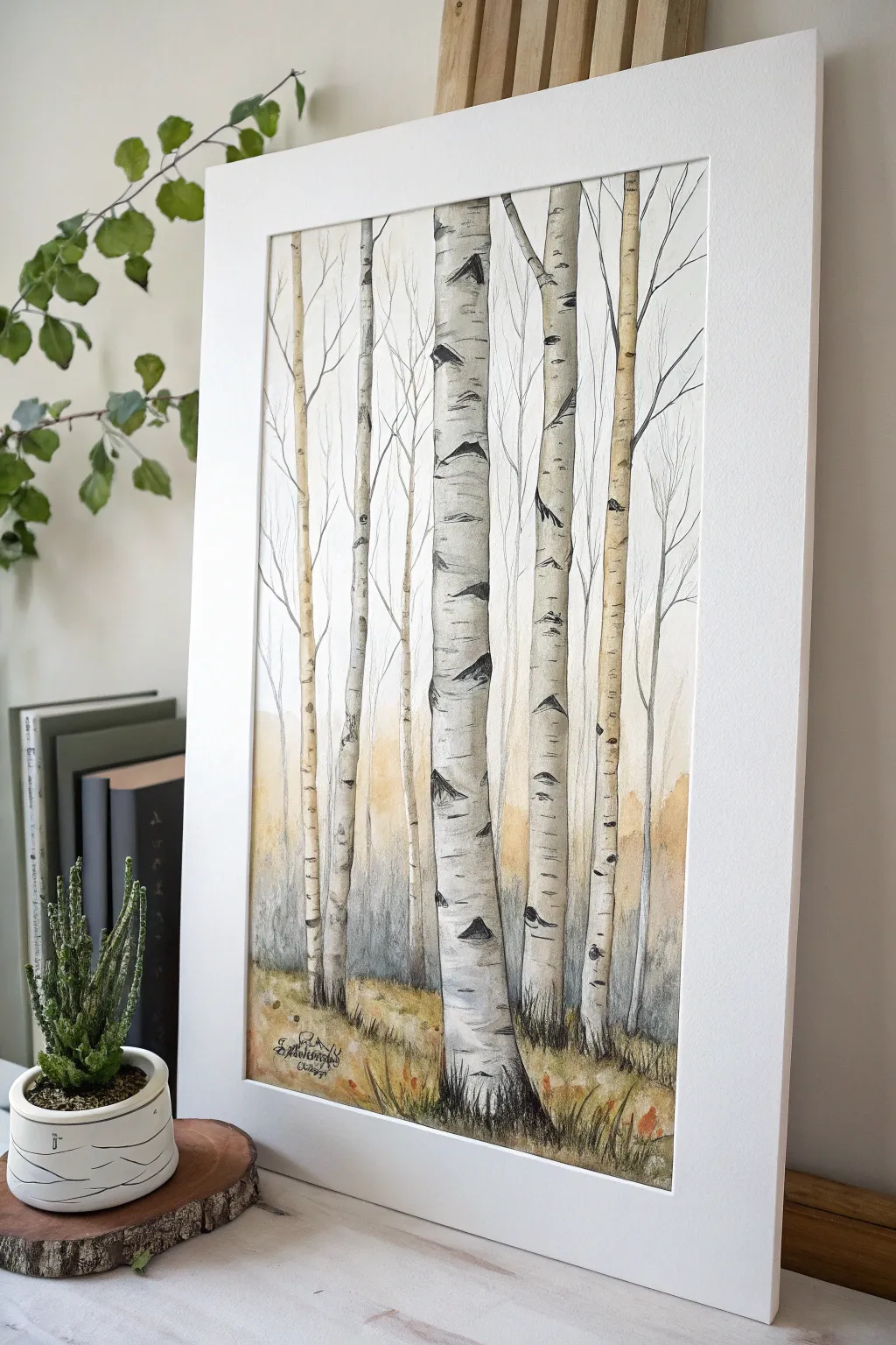 Immerse in a birch grove with cropped trunk studies in soft minimalist watercolor tones
