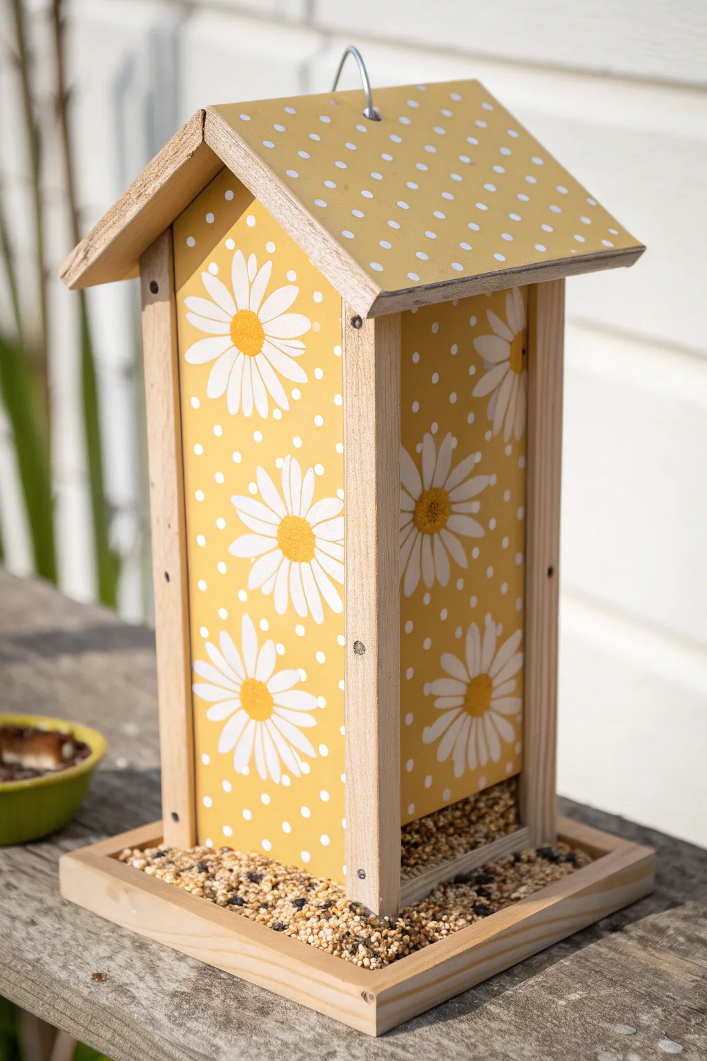 Bright stenciled daisies and dots turn a simple bird feeder into a charming boho accent.