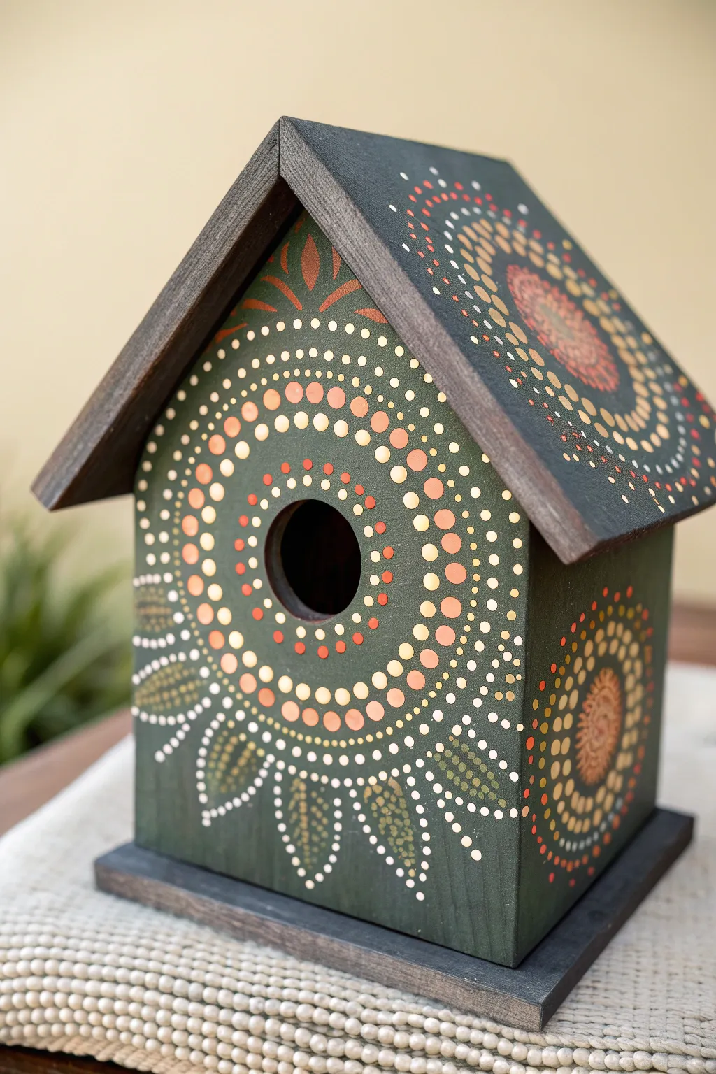 Create zen vibes in your garden with this meditative mandala dot art birdhouse.