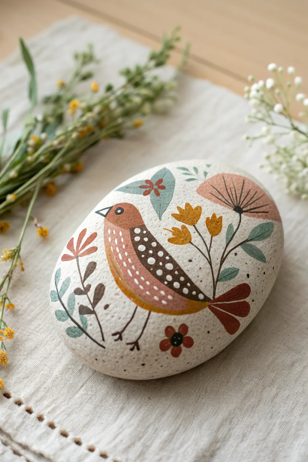 Minimal folk art bird rock with bold florals and soft wildflowers in a cozy boho mood
