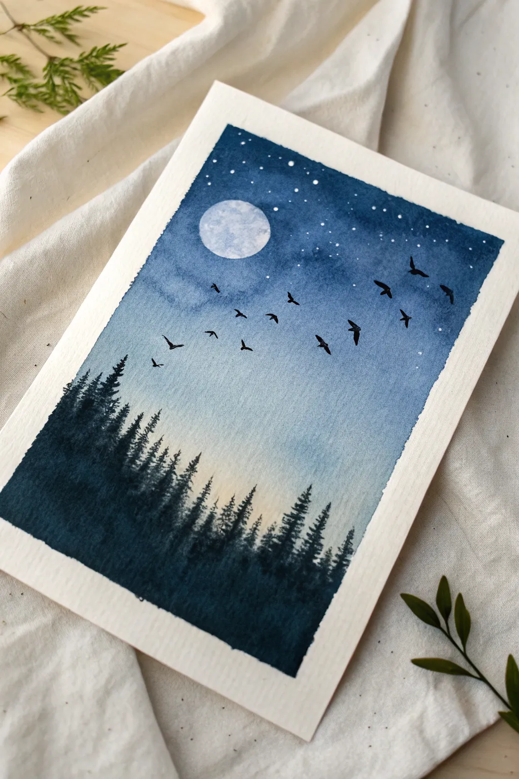 Minimalist blue night sky with tiny black birds and a soft moon glow, calm and striking