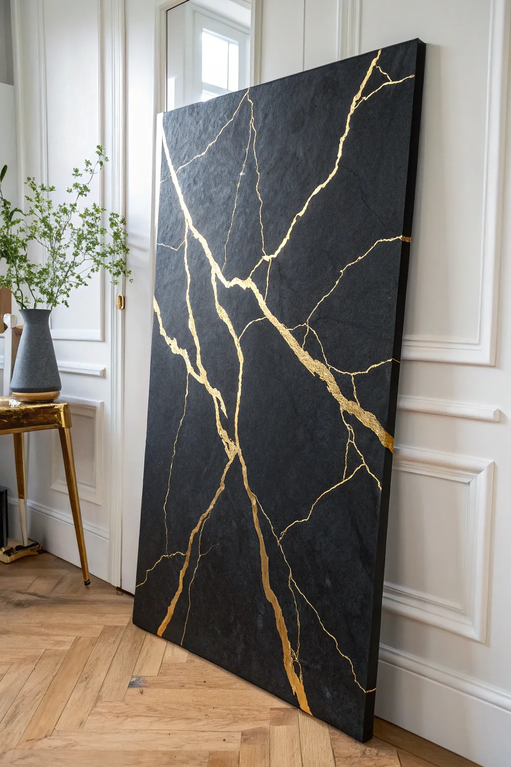 Kintsugi-inspired black canvas with luminous gold fissures for bold, minimalist elegance