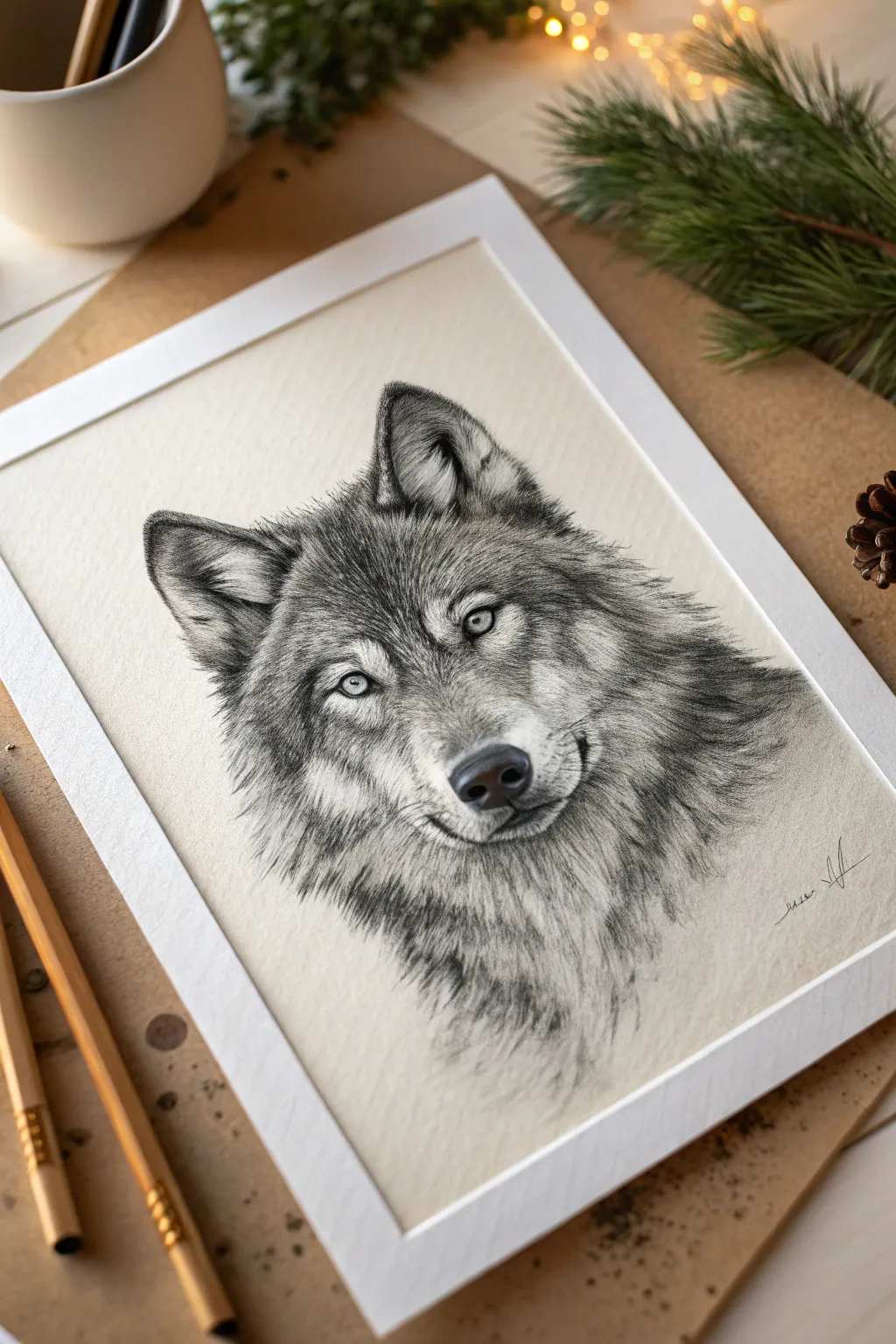 Charcoal wolf portrait in black and grey, crisp fur texture and a striking eye highlight