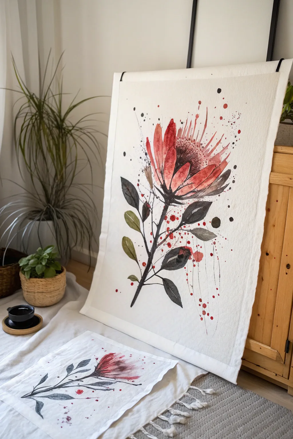 High-contrast black ink splatter layered with bold crimson bursts on clean white paper