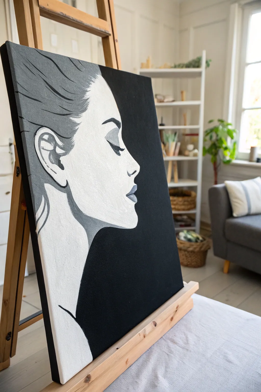 Negative-space face profile in bold black and white, minimalist contrast with subtle gray accents