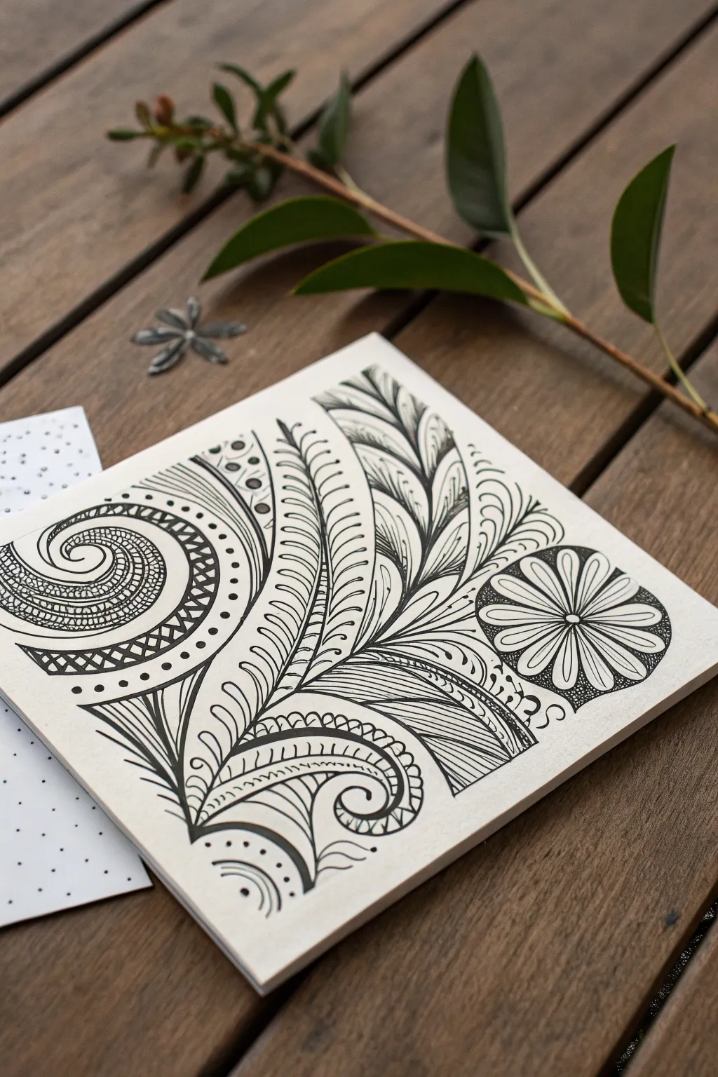 Crisp zentangle pattern tile with bold black ink and delicate white channels, minimalist boho.