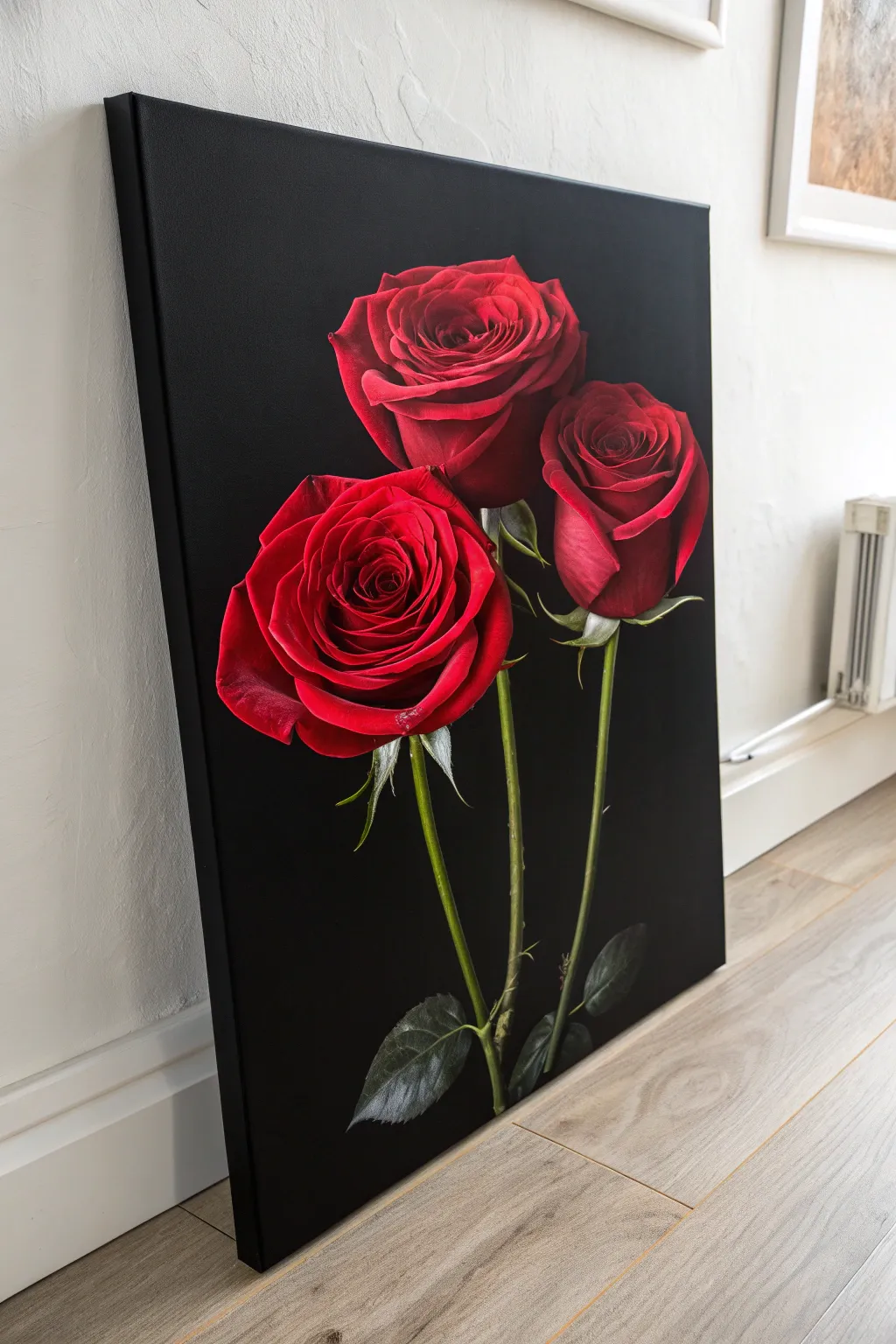 Two crimson roses bloom from a velvet black field for bold, classic high-contrast drama