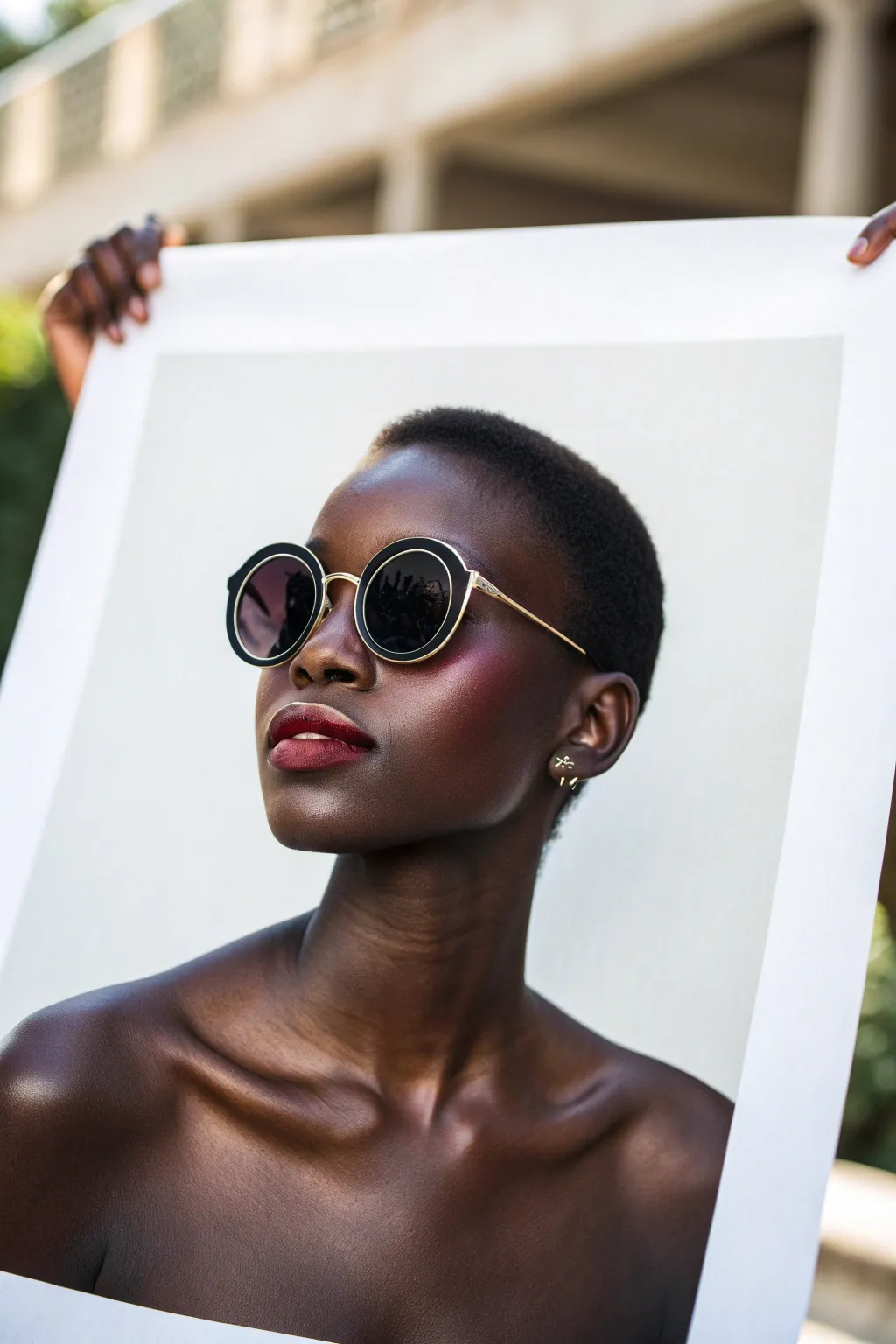 Easy portrait idea: oversized sunglasses and glossy lips for a bold minimalist Black girl painting.
