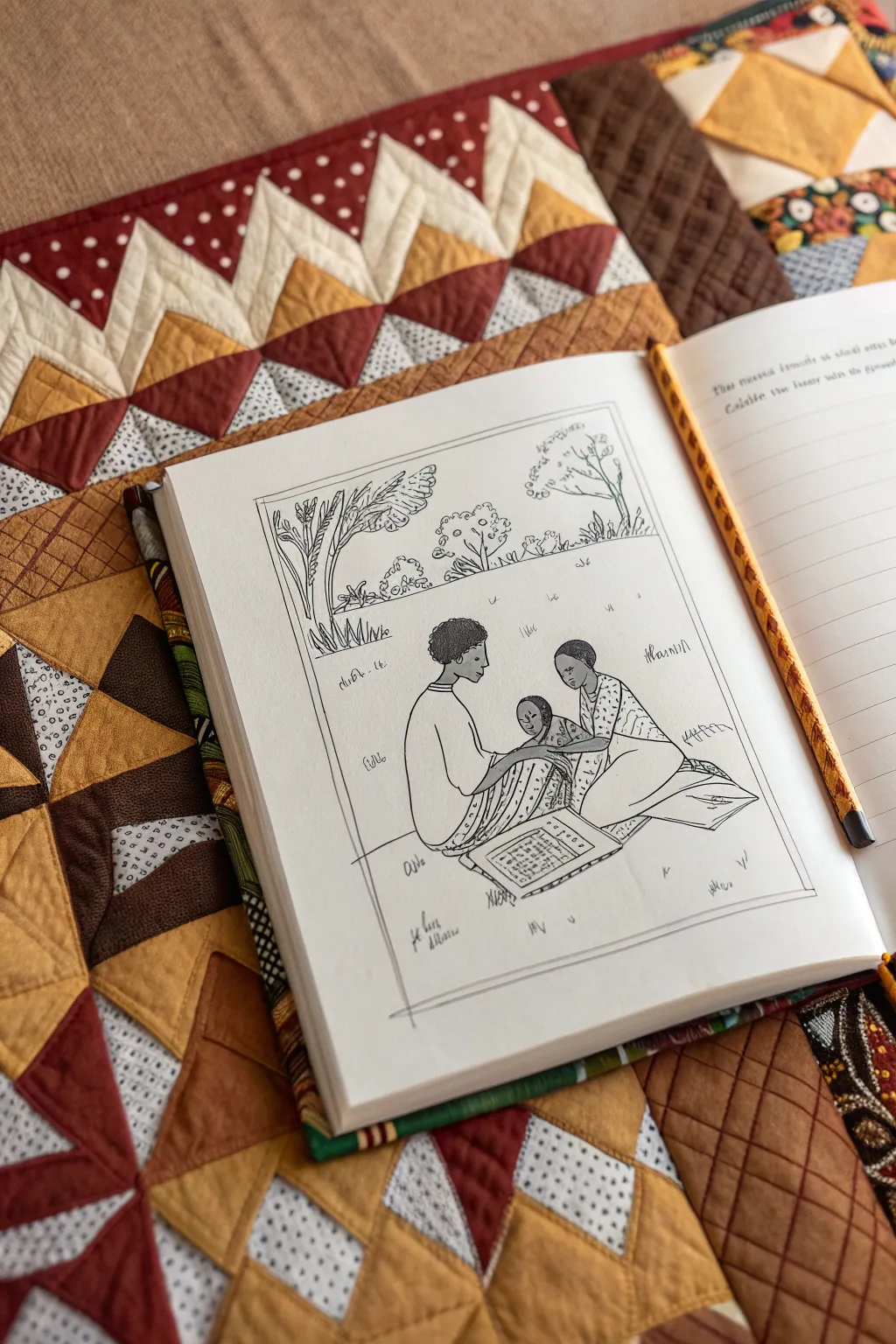 Story quilt border drawing with a warm Black family scene, minimalist boho craft aesthetic