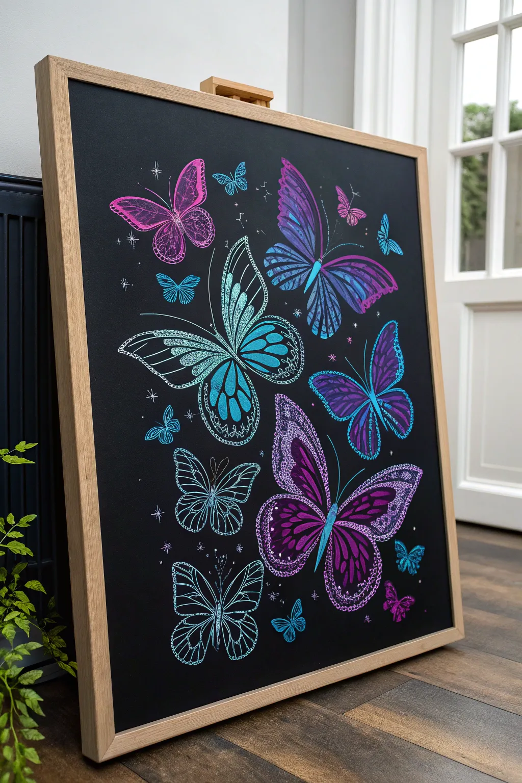 Glowing UV butterfly swarm on deep black canvas, minimalist and dreamy blacklight art idea