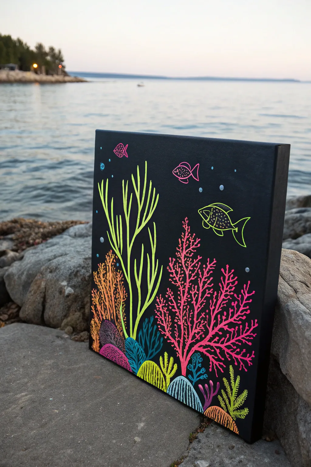 Neon coral reef in hot pink and yellow, with glowing fish outlines on deep black water.