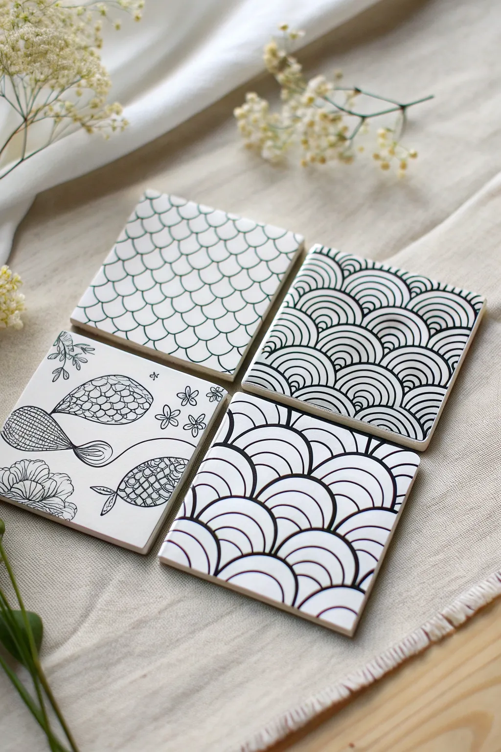 Bold black marker zentangle tiles in a clean minimalist grid for easy, calming drawing practice.