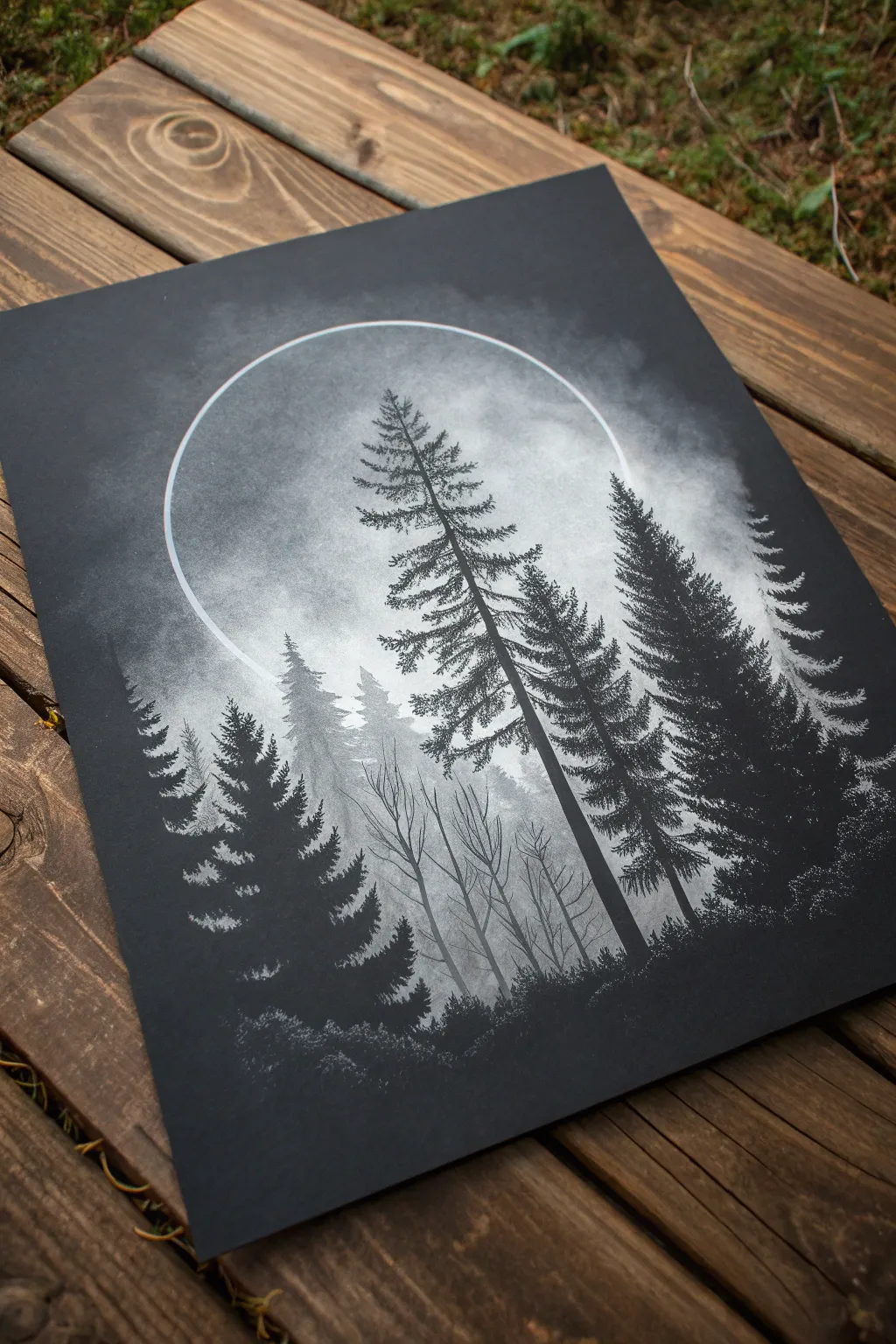 Pine forest silhouettes on black paper with a dreamy foggy glow, minimalist and serene.