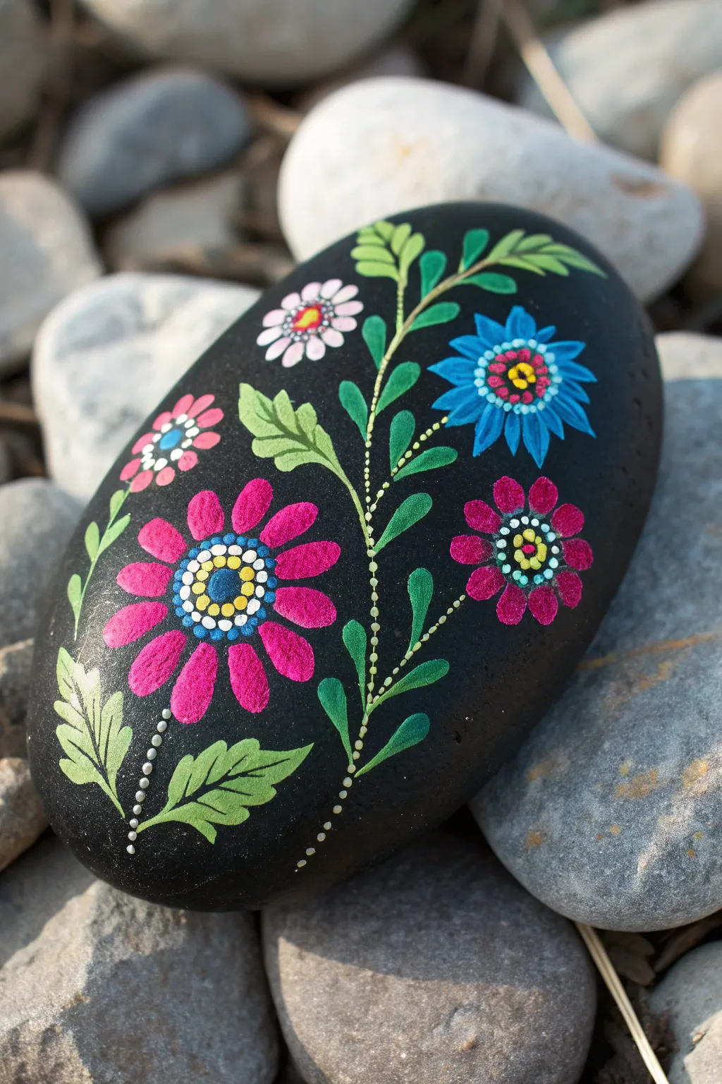 Neon florals pop on a matte black rock, outlined in white for bold high-contrast charm.