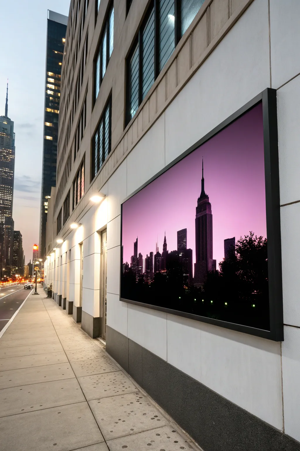 Minimal black skyline that blooms in UV neon, turning your wall into a calm glowing night city.