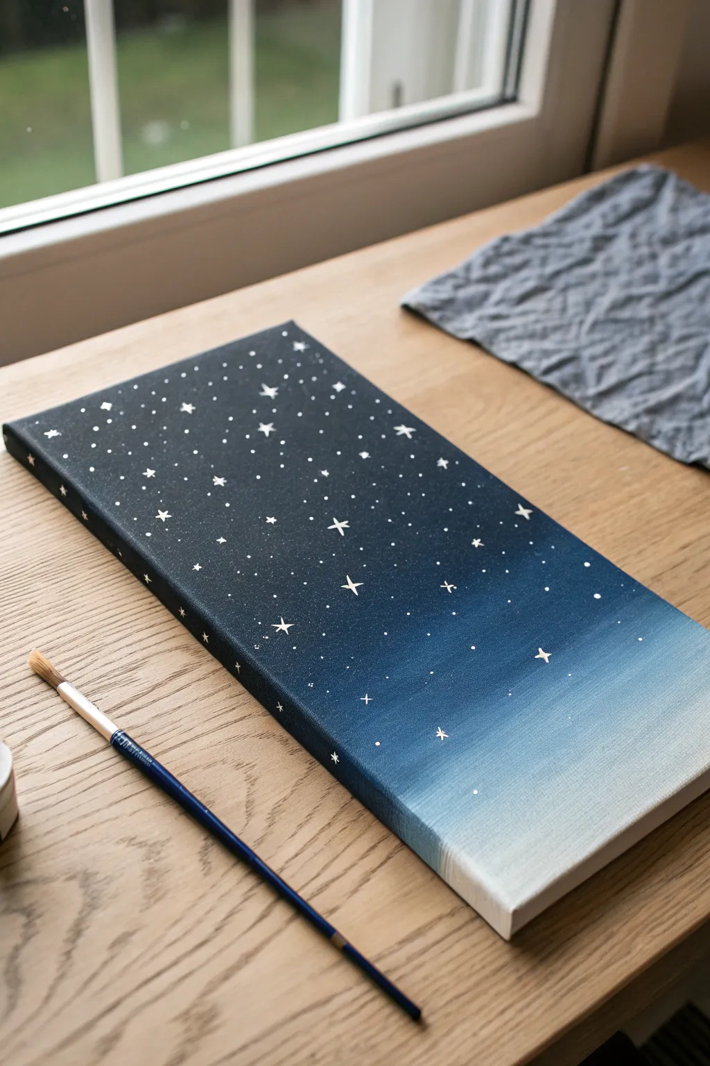 Simple starry night canvas idea: deep navy gradient, milky haze, and easy dotted stars.