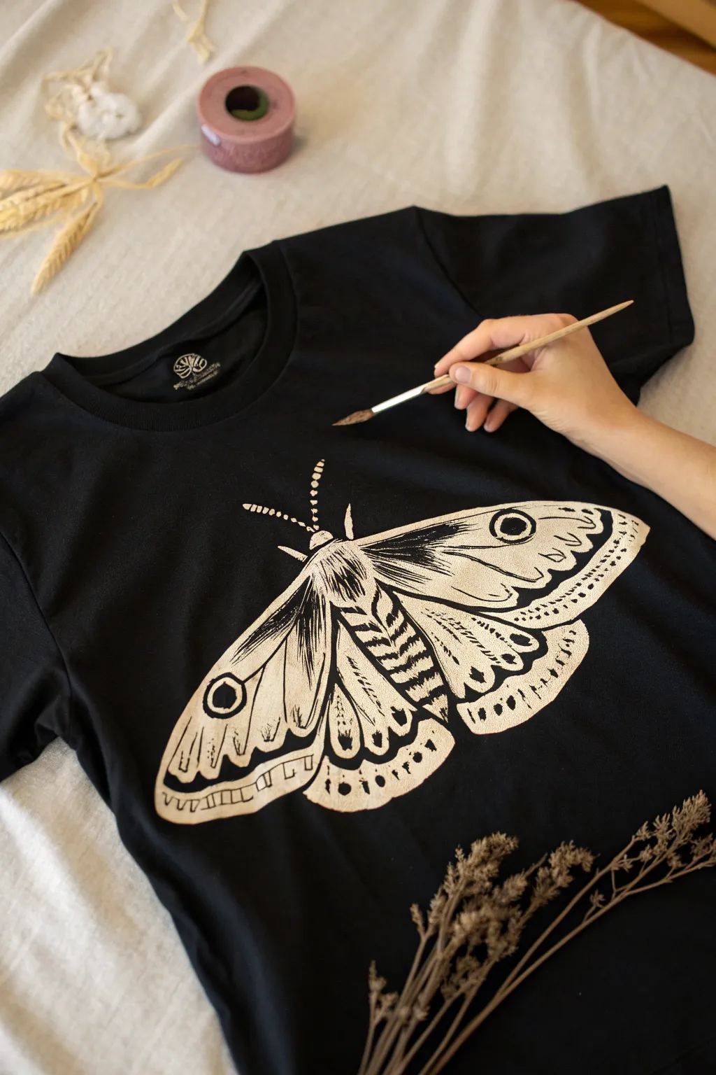 Detailed bleach moth on black tee, crisp vintage wings in focus, minimalist craft inspiration.
