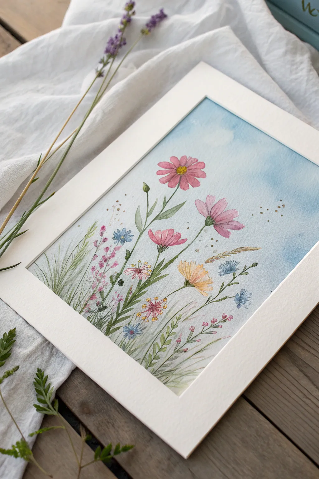 Sky blue wash with airy wildflower dots and quick stems, minimalist boho watercolor inspiration