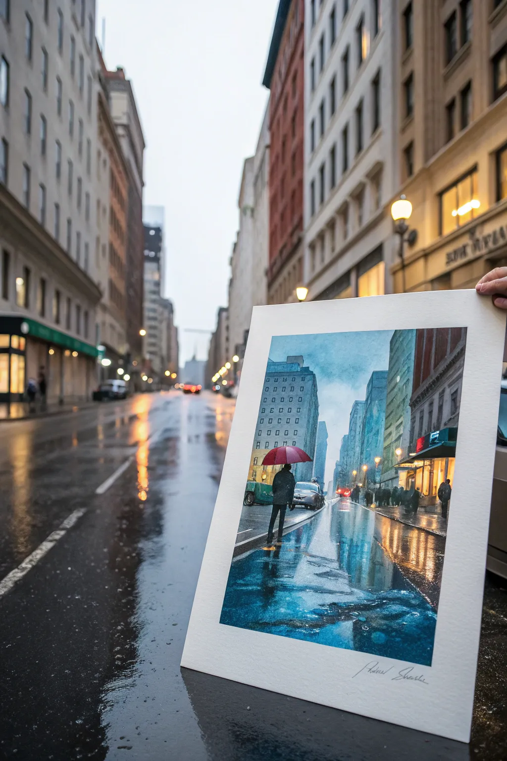 Cool blue rainy street reflections with soft city glow, minimalist boho watercolor inspiration.