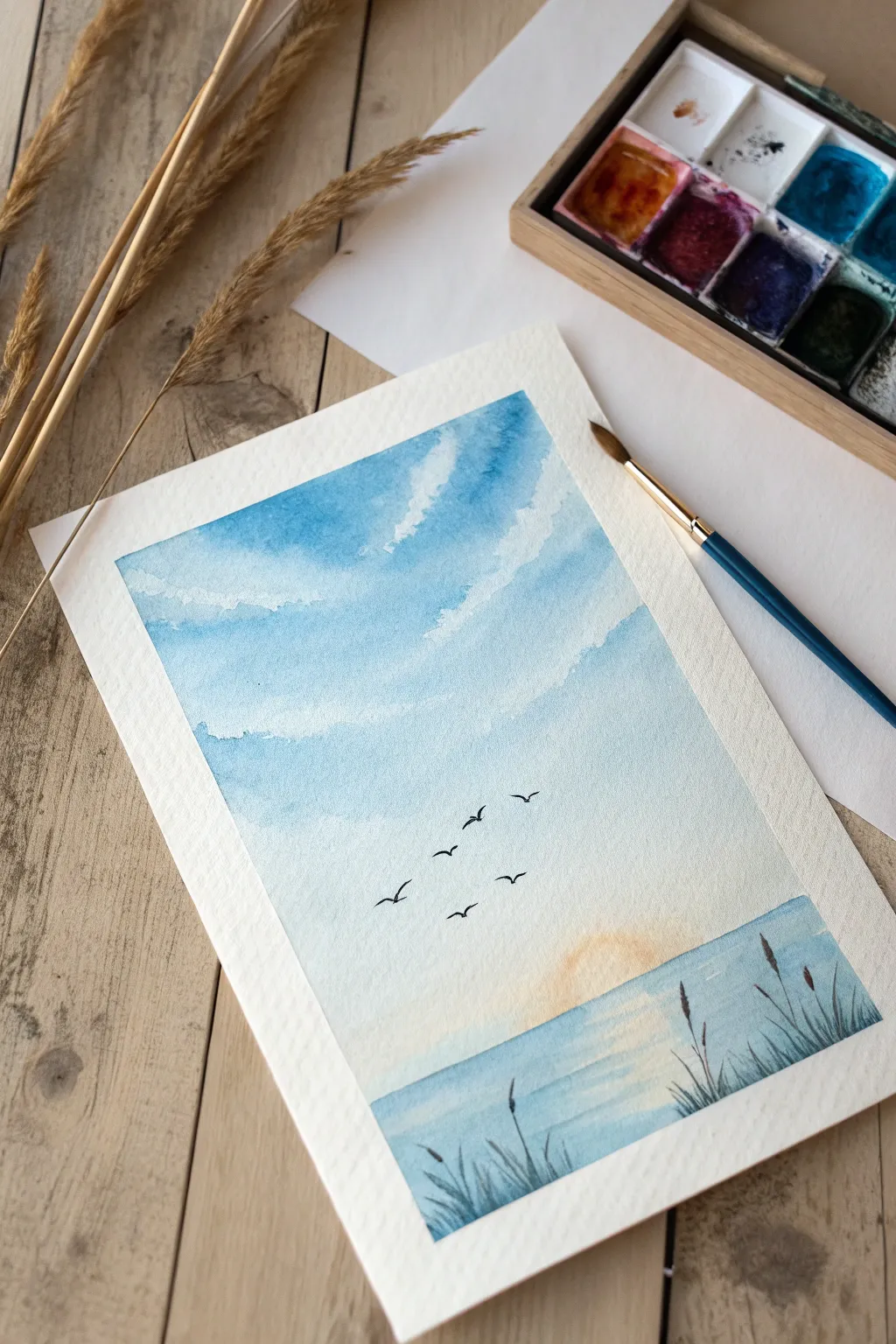 Paint a serene blue sky wash with tiny bird silhouettes for a minimalist, calming mood.