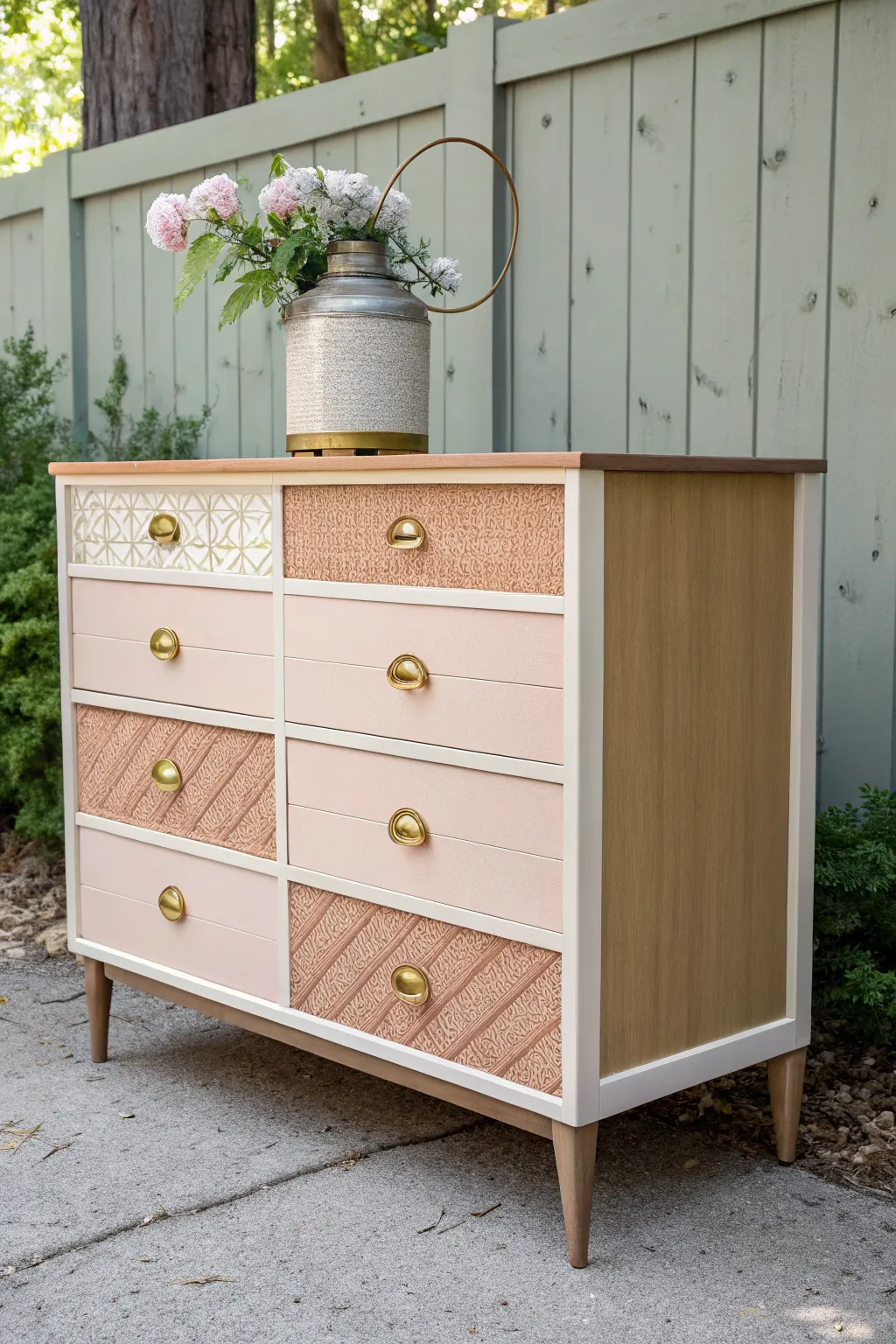 Playful mismatched knobs meet a calm boho palette for an easy dresser makeover.