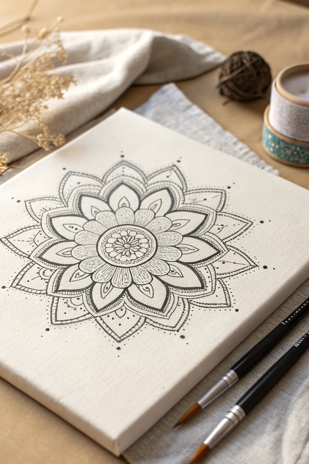 Airy boho mandala corner linework on a blank canvas, minimalist and beginner friendly.