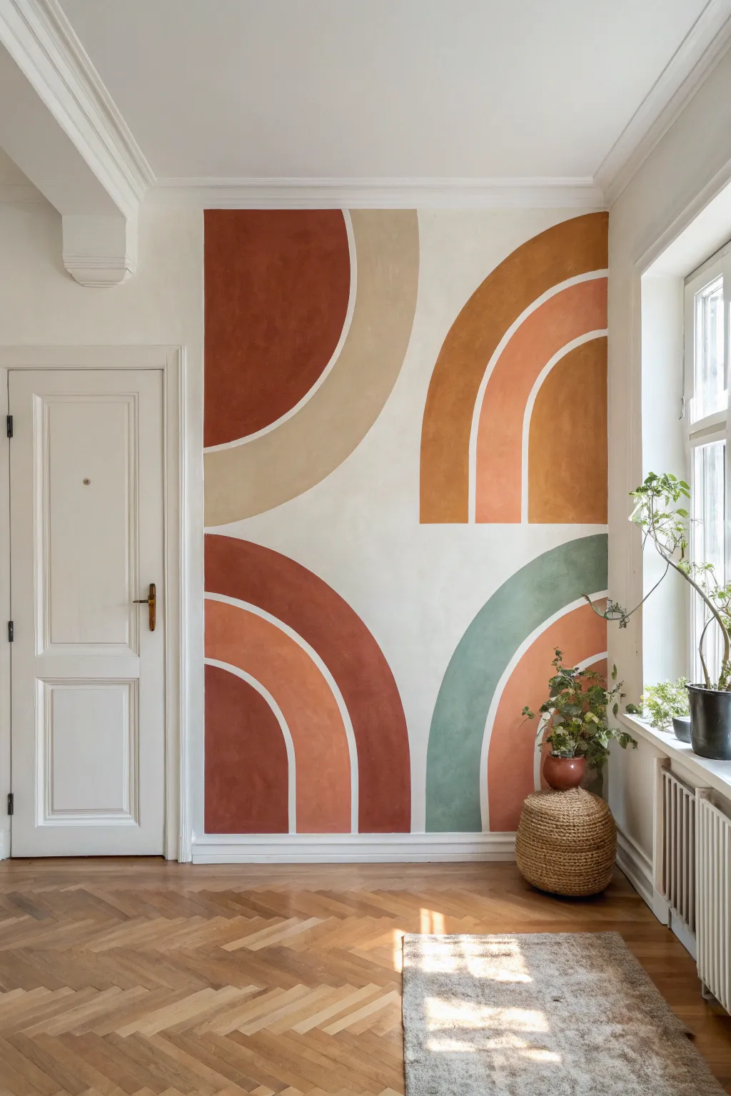 Earthy geometric color blocks in terracotta, rust, and sage for a calm boho mural