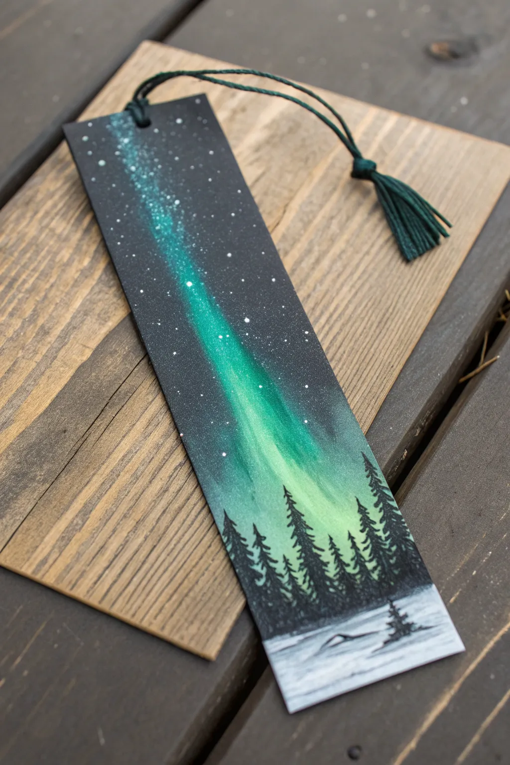 Simple acrylic bookmark with teal-green aurora glow, dark horizon, and delicate star splatter