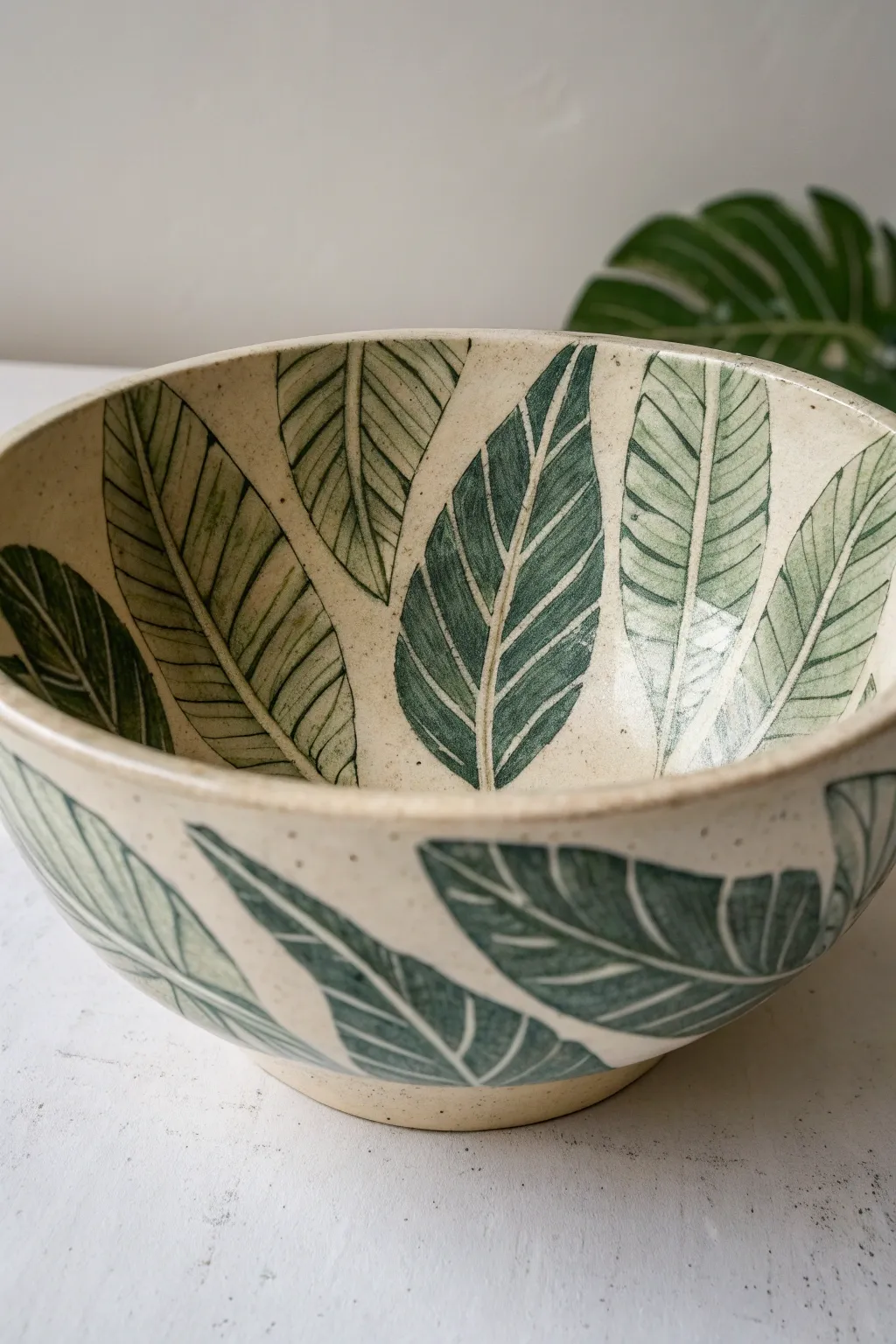 Loose botanical leaf wrap bowl painting with soft boho tones and crisp brush texture.