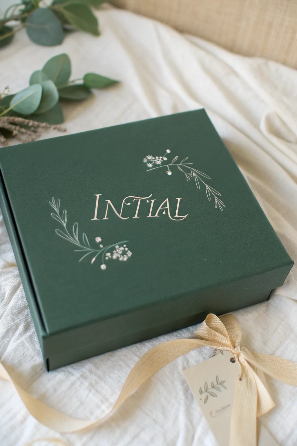 Aesthetic monogram box painting idea with a single script initial, linen ribbon, and keepsake feel