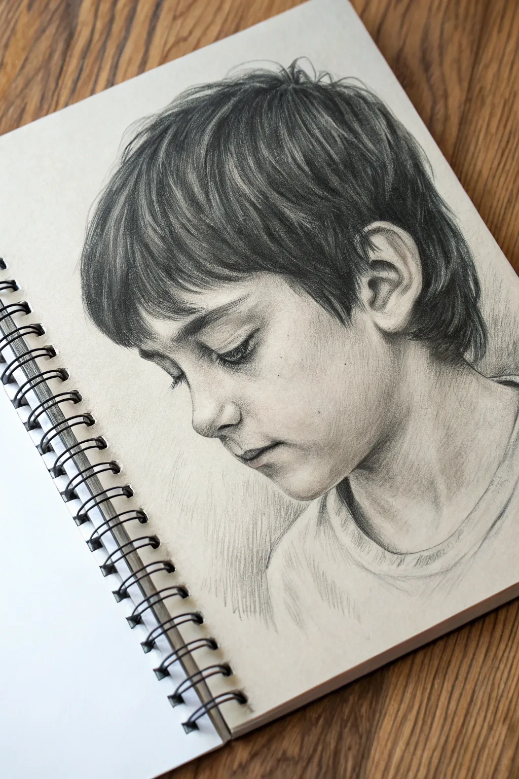 Shy boy portrait in soft pencil shading, minimalist Scandinavian mood with gentle contrast.